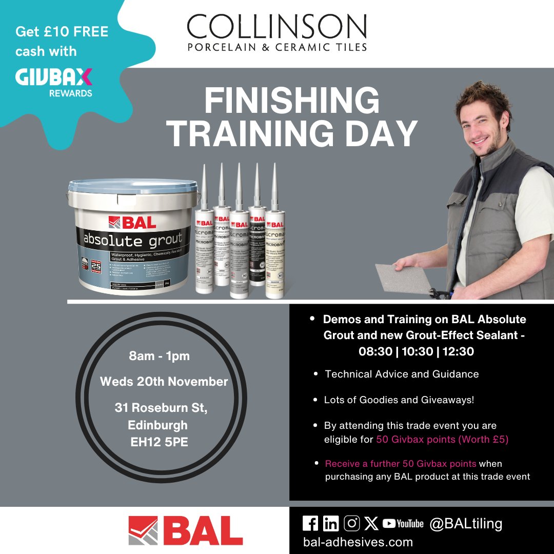 BALtiling's tweet image. On tomorrow! Don&apos;t miss our Finishing Training Event @CollinsonCeramics in Edinburgh!

 #EdinburghTilers #TilingTraining #CollinsonCeramics #TilingDemos #BALGrout #TilingProfessionals #CeramicTiles