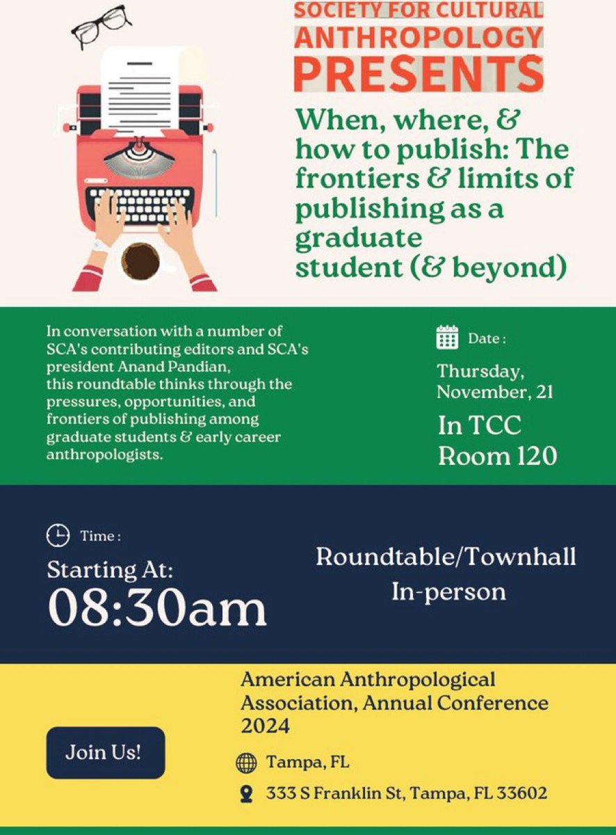 Society for Cultural Anthropology (@culanth) on Twitter photo Pop in to the <a href="/culanth/">Society for Cultural Anthropology</a> roundtable about the pressures, opportunities, and frontiers of publishing among grad students & early career scholars
on Thurs, Nov 21 @ 8:30am in TCC120.
<a href="/anandspandian/">Anand Pandian</a> will be leading the chat with many of our CEs.
#AAA2024Tampa #AnthroTwitter Pop in to the <a href="/culanth/">Society for Cultural Anthropology</a> roundtable about the pressures, opportunities, and frontiers of publishing among grad students & early career scholars
on Thurs, Nov 21 @ 8:30am in TCC120.
<a href="/anandspandian/">Anand Pandian</a> will be leading the chat with many of our CEs.
#AAA2024Tampa #AnthroTwitter