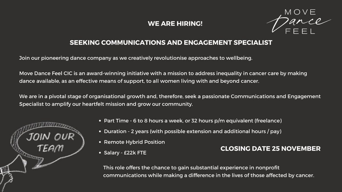 Want to make a difference in the lives of those affected by cancer?

Seeking a communications and engagement specialist - 5 days left to apply!

More information here: artsjobs.org.uk/jobs/search/52…

Please share <a href="/LDN_Culture/">Mayor of London's Culture team</a> <a href="/janecwillis/">Jane Willis</a> <a href="/JaneHearst/">Jane Hearst (She/Her)</a> <a href="/PeopleDancingUK/">People Dancing</a> <a href="/CoppaFeelPeople/">CoppaFeel!</a>