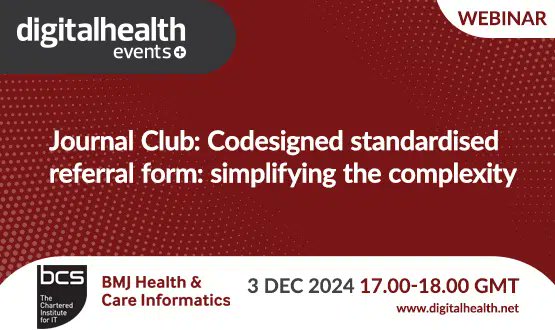 Digital Health (@digitalhealth2) on Twitter photo Hear from Scott Laing, McMaster University, Ontario, Canada and co-authors in discussion with <a href="/katiemaclure/">Katie MacLure</a> (<a href="/BCS_HealthScot/">BCS Health and Care Scotland</a>) for our live <a href="/bcs/">BCS, The Chartered Institute for IT</a> <a href="/bmj_company/">BMJ Group</a> <a href="/hcidigital/">HCI</a> Journal Club.
đź“… Tuesday 3 December 2024
⏱️17:00 – 18:00 GMT
More > bit.ly/4eqSVSv Hear from Scott Laing, McMaster University, Ontario, Canada and co-authors in discussion with <a href="/katiemaclure/">Katie MacLure</a> (<a href="/BCS_HealthScot/">BCS Health and Care Scotland</a>) for our live <a href="/bcs/">BCS, The Chartered Institute for IT</a> <a href="/bmj_company/">BMJ Group</a> <a href="/hcidigital/">HCI</a> Journal Club.
đź“… Tuesday 3 December 2024
⏱️17:00 – 18:00 GMT
More > bit.ly/4eqSVSv