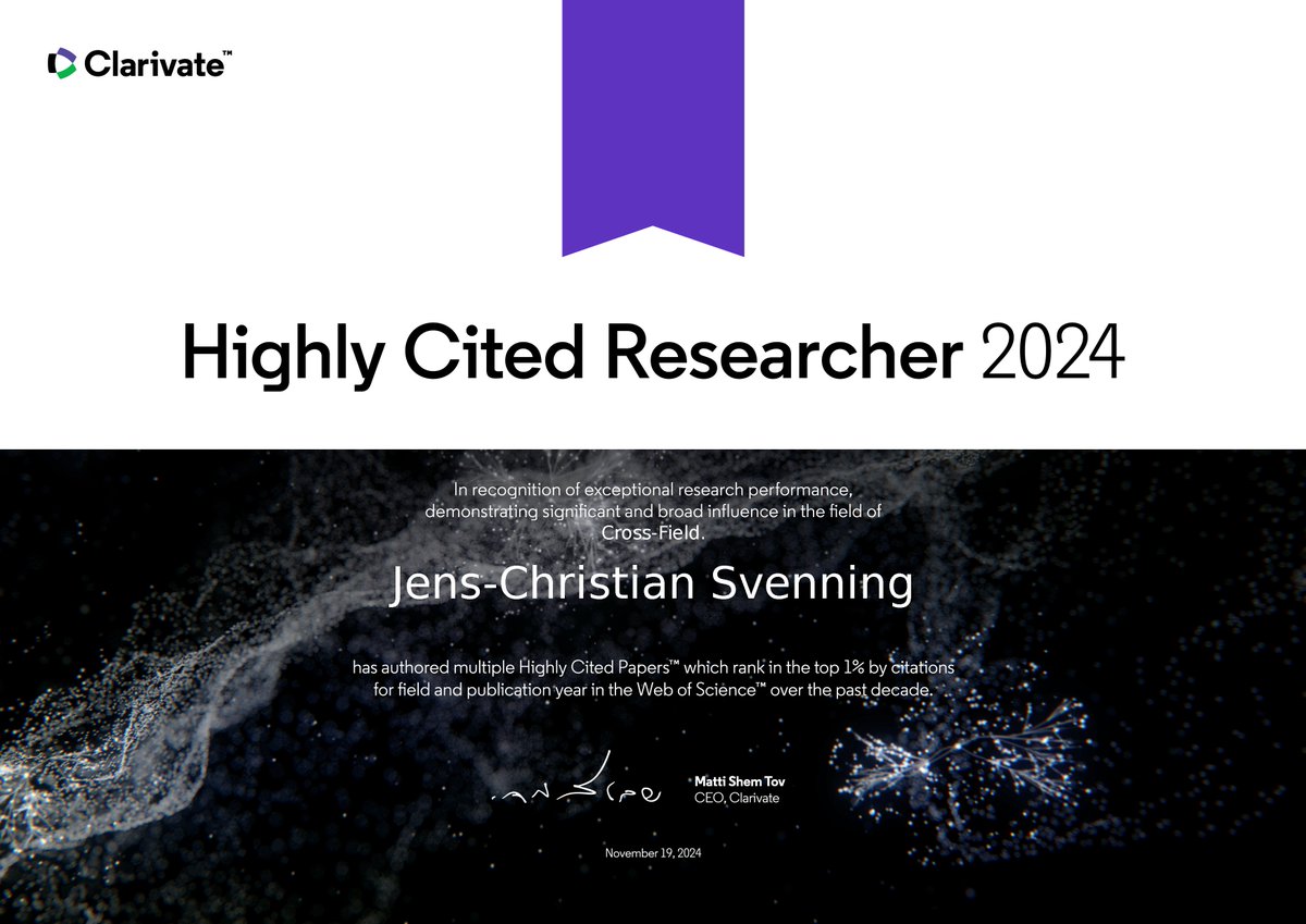 JCSvenning's tweet image. Proud to be 1 of 9 @aarhusuni scientists on the list of #HighlyCited2024 Researchers, again in the Cross-Field category. Big thx to collaborators+students+funders! webofscience.com/wos/author/rec…🌐🍃👣🐘🌴♨️🛰️🌍#macroecology #biodiversity #biosphere #sustainability #plants #fauna #people