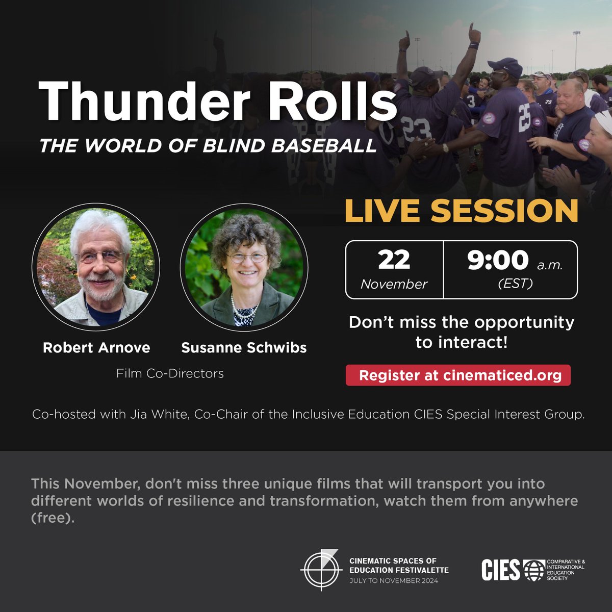 🔔We'll be discussing the powerful documentary about the world of blind baseball that will change the way you see the game, with Robert Arnove and Susanne Schwibs "Thunder Rolls" co-directors⚾️

Register at bit.ly/4fzybcj
Watch Thunder Rolls at: bit.ly/4eClQmr