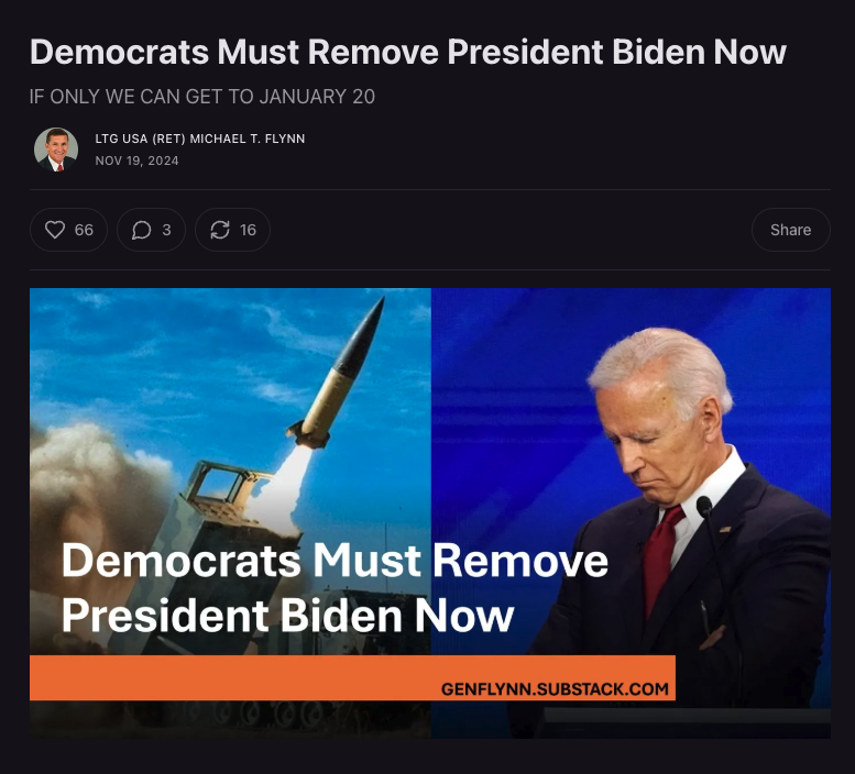 🚨BREAKING: General Flynn Is On Air Calling For The Removal of Joe Biden Over The Provocation of WWIII With Russia

READ NOW: 
genflynn.substack.com/p/democrats-mu…
WATCH LIVE: 
x.com/i/broadcasts/1…
