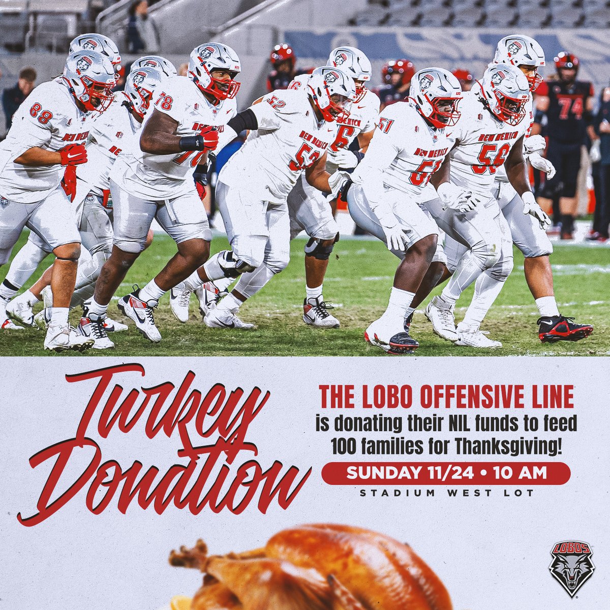 New Mexico Football (@unmlobofb) on Twitter photo The Lobo O-Line, lead by <a href="/r_pearce77/">Richard Pearce</a>, is donating their NIL to help feed 100 families this Thanksgiving.
Now you can help as well. Through Friday, click this link to donate and add to the O-Line's NIL donations: loom.ly/is3qh7A
#505SVF | #GoLobos | #EarnedNotGiven The Lobo O-Line, lead by <a href="/r_pearce77/">Richard Pearce</a>, is donating their NIL to help feed 100 families this Thanksgiving.
Now you can help as well. Through Friday, click this link to donate and add to the O-Line's NIL donations: loom.ly/is3qh7A
#505SVF | #GoLobos | #EarnedNotGiven