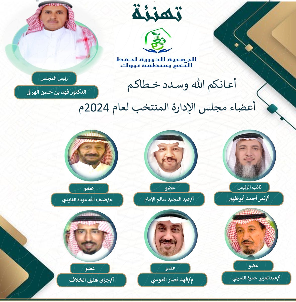 تتقدم جمعية حفظ النعَم الخيرية بتبوك بخالص التهاني والتبريكات للسادة الأعضاء اعتماد تشكيل مجلس الإدارة لدورته الجديدة لعام2024م برئاسة الدكتور فهد حسن الهرفي  نسأل الله لهم التوفيق والسداد