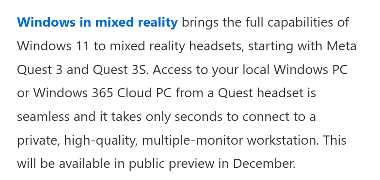 AndrewCurran_'s tweet photo. Meta Quest 3 and Quest 3S headsets will be optimized to stream Windows 11 virtual desktops starting in December. https://t.co/ZRt0kcEXei