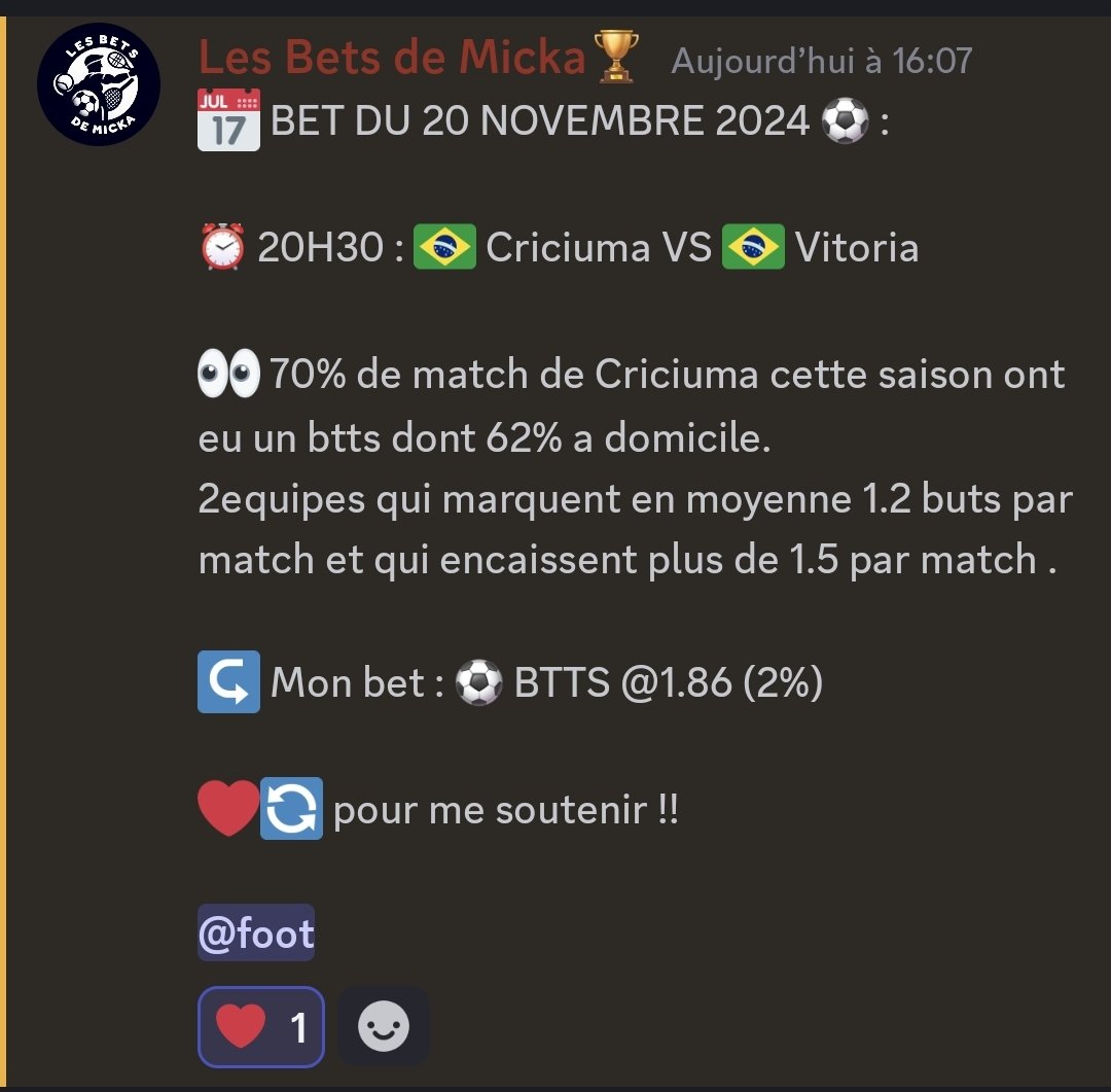 MickaProno's tweet image. 📅 BET DU 20 NOVEMBRE 2024 ⚽️ :

⏰️ 20H30 : 🇧🇷 Criciuma VS 🇧🇷
 Vitoria 

🌀 stats @datafootfr

🔄❤️

#TeamParieur