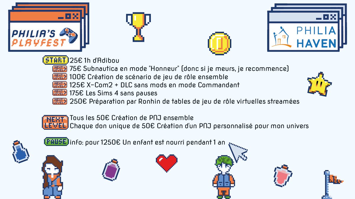 Ronhin5's tweet photo. Mes donations goals pour le @philiasplayfest où nous récolterons de l'argent pour les enfants! Ca se passe ce weekend et je serai en présentiel, alors soyez présent (et si vous êtes dans le coin de Namur, Venez! https://t.co/lkhSxnBzCL ) https://t.co/40a38PFuGc