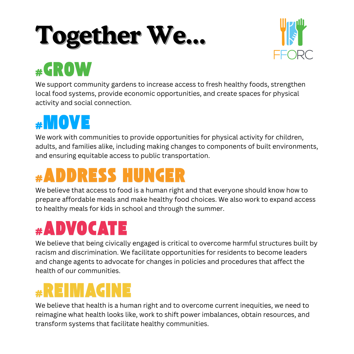 unc_fforc's tweet photo. Hello! Nice to meet you!

If we haven’t met yet, we’re #FFORC ~ the Food, Fitness, Opportunity Research Collaborative!

👆See link in bio to learn more!

#TogetherWeGrow
#TogetherWeMove
#TogetherWeAddressHunger
#TogetherWeAdvocate
#TogetherWeReimagine https://t.co/fg3aYQANUo