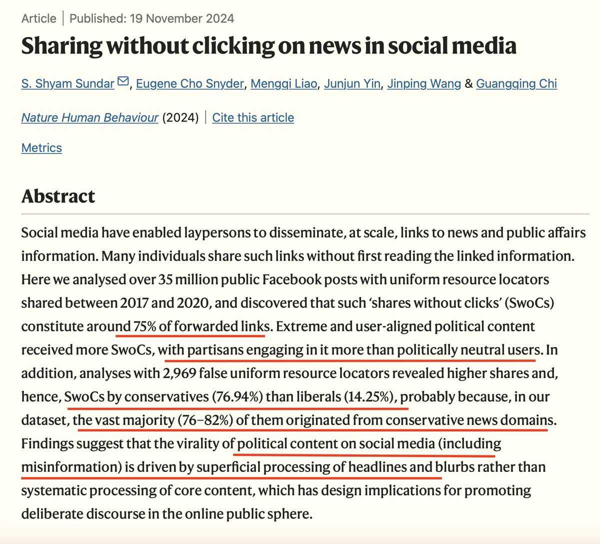 Sharing without clicking on news in social media nature.com/articles/s4156…

- 75% share without clicking
- &gt; partisans content 
- conservatives share without clicking more (76.94%) than liberals (14.25%)
- "the vast majority (76–82%) of [false info] originated from conservative