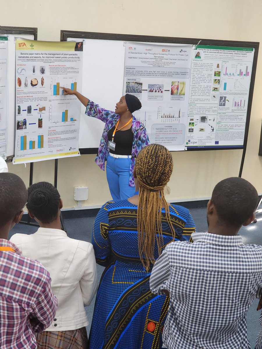 iarsaf_iita's tweet photo. Poster presentations at ICIPE, Kenya...
Picture 1
Margaret presenting on management of nematodes &amp; weevils...
Picture 2
Charity presenting frass fertilizer and banana paper...
Picture 3
Letrixie presenting on effectiveness of different formulations of banana fibre

#iarsaf2024 https://t.co/rEr3lwpSyh