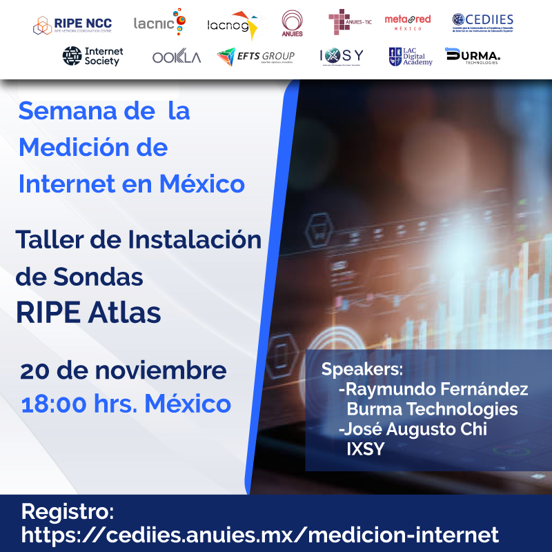 🔧🌍 ¡Participa en el Taller de instalación de sondas RIPE Atlas! 🛠️ Descubre cómo contribuir al monitoreo de Internet global este 20 de noviembre a las 18:00 h. (México)

📍 Regístrate ahora en 👉 cediies.anuies.mx/medicion-inter… y sé parte de la innovación tecnológica. 🌐📡