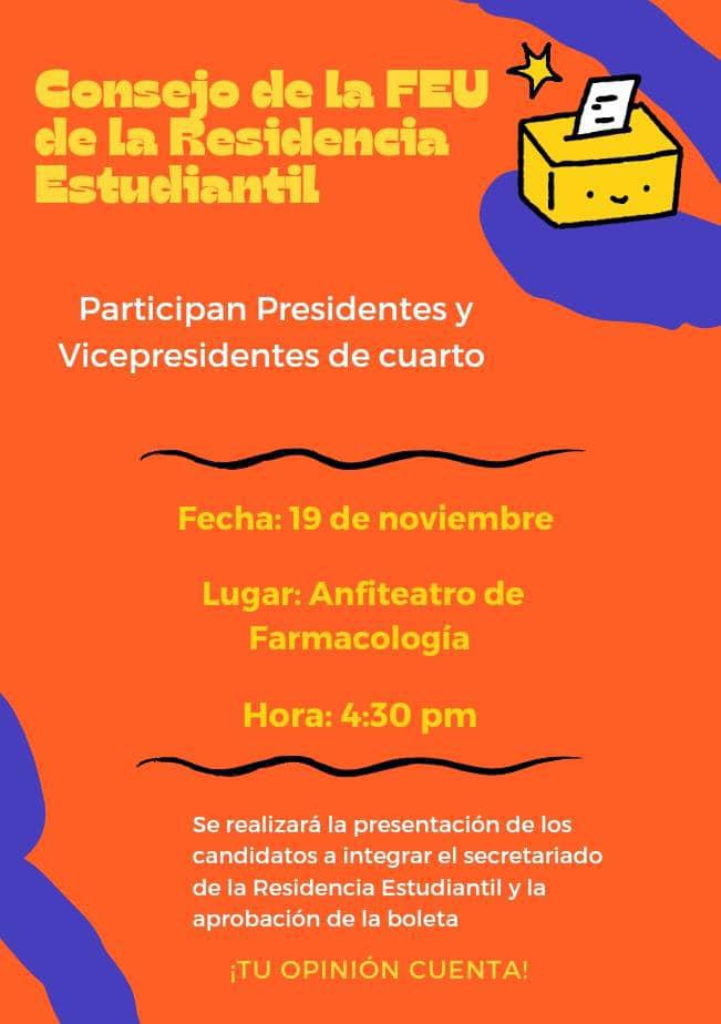 En la tarde de hoy la Residencia Estudianti de la <a href="/FCM_Manzanillo/">Facultad de Ciencias Médicas Sánchez Manduley</a> realizará su Consejo Ampliado para aprobar los candidatos que irán a elecciones este jueves 21 de Noviembre.
#EleccionesDeLaResidenciaEstudiantil 
#FCMMTransformaYCrece
<a href="/FEU_Manzanillo/">FEU-FCMManzanillo</a> <a href="/FeuCuba/">FEU de Cuba</a>
