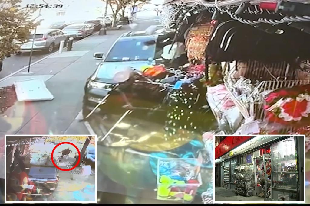 nypost's tweet photo. Surveillance video shows car fly down Brooklyn sidewalk narrowly missing pedestrians https://t.co/K1lWteFo0e https://t.co/oD8FM42AbJ