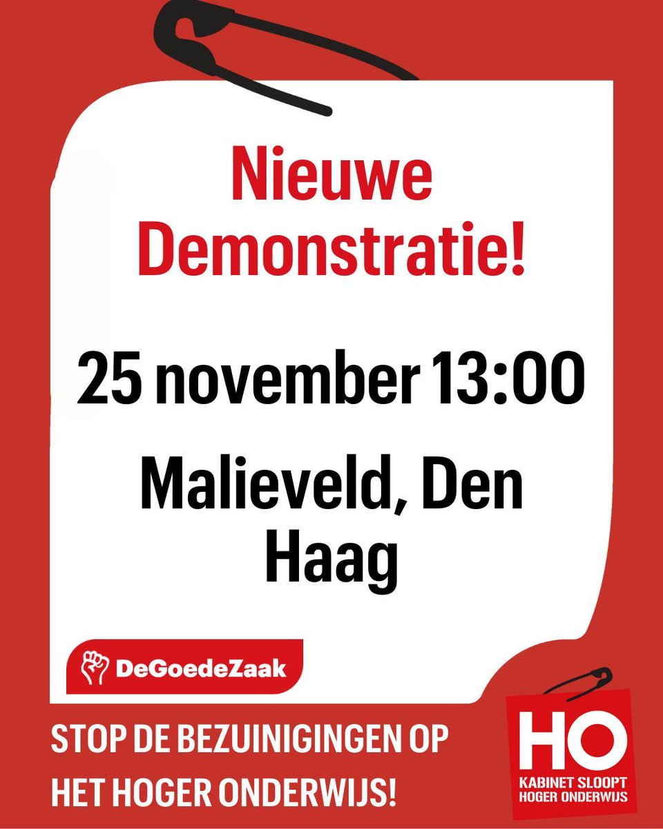 Kom in actie! Dit kabinet sloopt het hoger onderwijs. Maandag 25 november gaan we naar het Malieveld tegen bezuinigingen op onderwijs, onderzoek en de langstudeerboete! Kom je ook? campagnes.degoedezaak.org/campaigns/stop…
