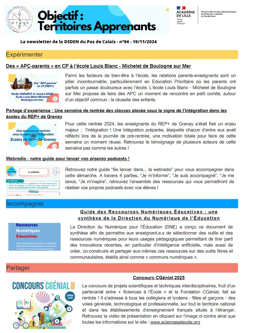 La newsletter OTA #94 est en ligne ! Au sommaire
➡️ Des APC parents en CP 
➡️Une rentrée placée sous le signe de l’intégration 
➡️Guide Webradio &amp; podcasts
➡️Guide des ressources numériques éducatives <a href="/Edu_Num/">Éducation Numérique</a> 
➡️Le concours CGénial 2025 <a href="/Fond_CGenial/">Fondation CGénial</a> 

ota62.site.ac-lille.fr/ota-newsletter…