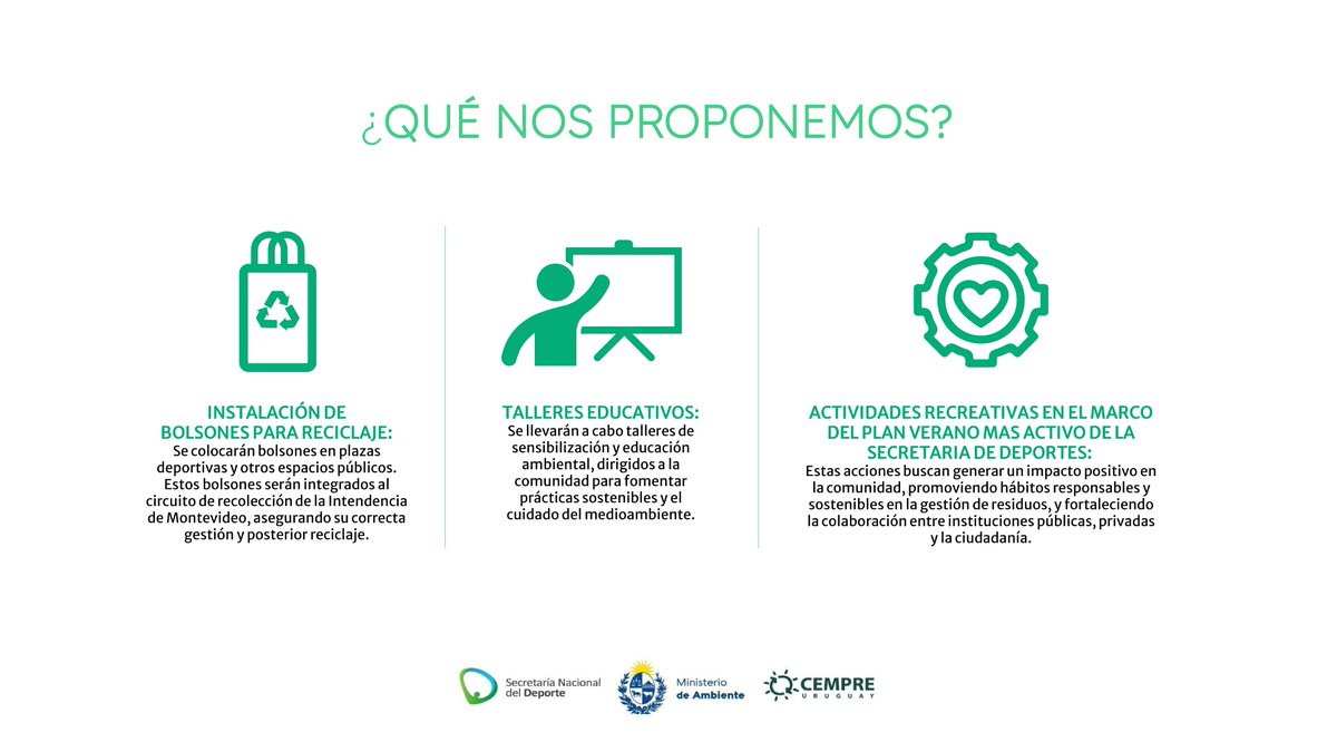 ♻️Secretaría Nacional del Deporte, Ministerio de Ambiente y <a href="/CempreUy/">Cempre Uruguay</a> presentaron el Plan Verano 2025 "Espacios que Cuidamos Juntos"

La campaña forma parte del programa "¿Donde Reciclo?" de CEMPRE.

Instalación de bolsones para reciclaje en Plazas de Deporte: Se colocarán