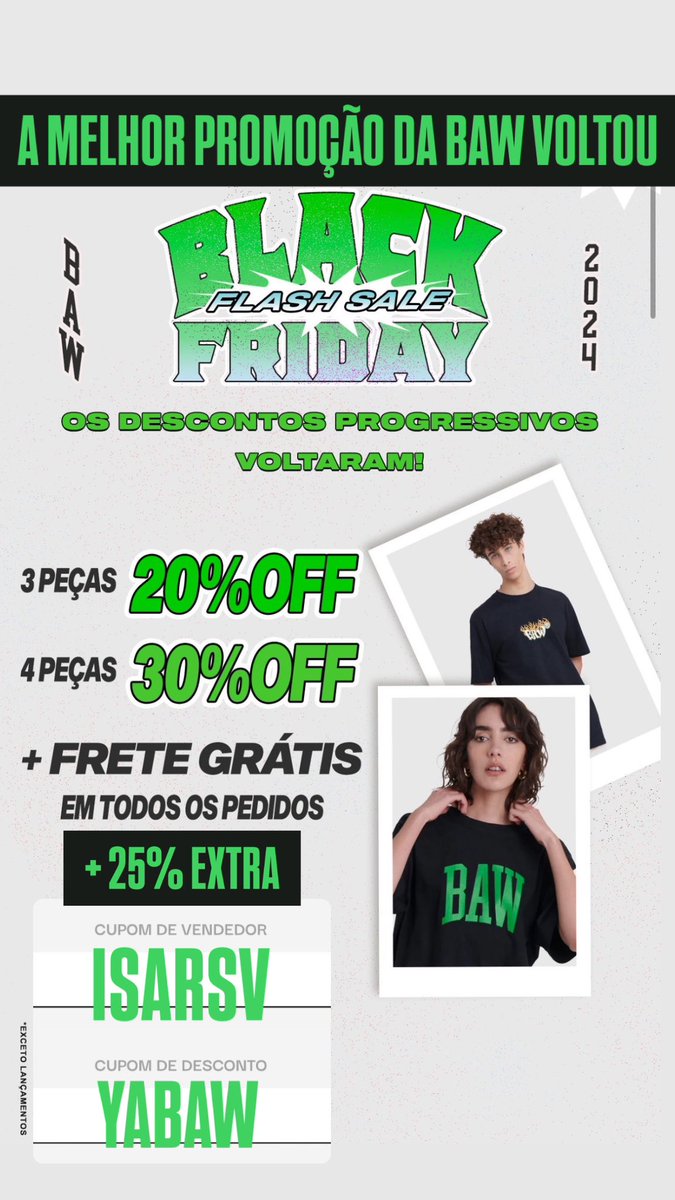 bawdaisa's tweet photo. MELHOR PROMOÇÃO BAW
VALENDO EM TODOS DROPS

🚨Camisetas saindo por R$30
🚨 Moletom por R$78 

FRETE GRÁTIS + 25% EXTRA
Cupom de vendedor : ISARSV
Cupom de desconto : YABAW

#baw #cupombaw #bawcupom #bawclothing #blackfriday https://t.co/lOjdfzHD2E