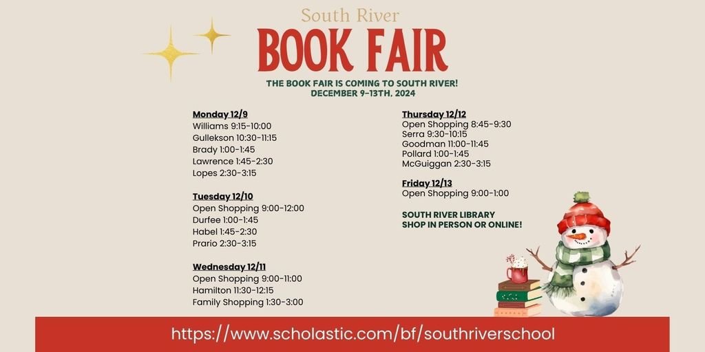 The SRS Scholastic Book Fair will be here from December 9th - December 13th! 
scholastic.com/bf/southrivers…