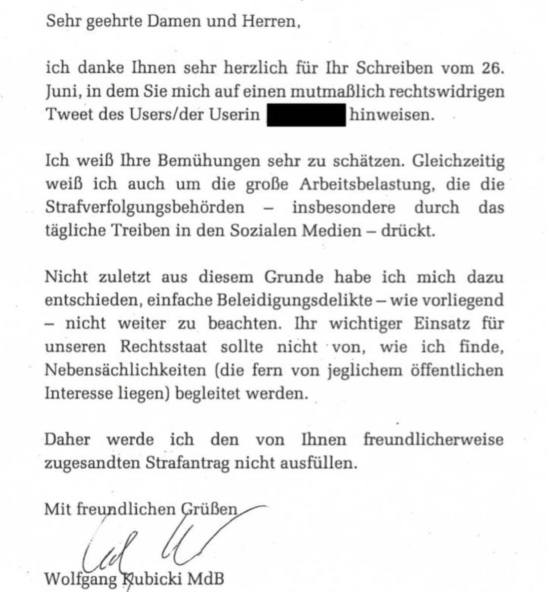Auch ich erhalte immer mal wieder Schreiben der Polizei mit der Frage, ob ich wegen einzelner Beleidigungen Strafantrag stellen möchte. So kann man darauf auch reagieren, <a href="/roberthabeck/">Robert Habeck</a>. WK