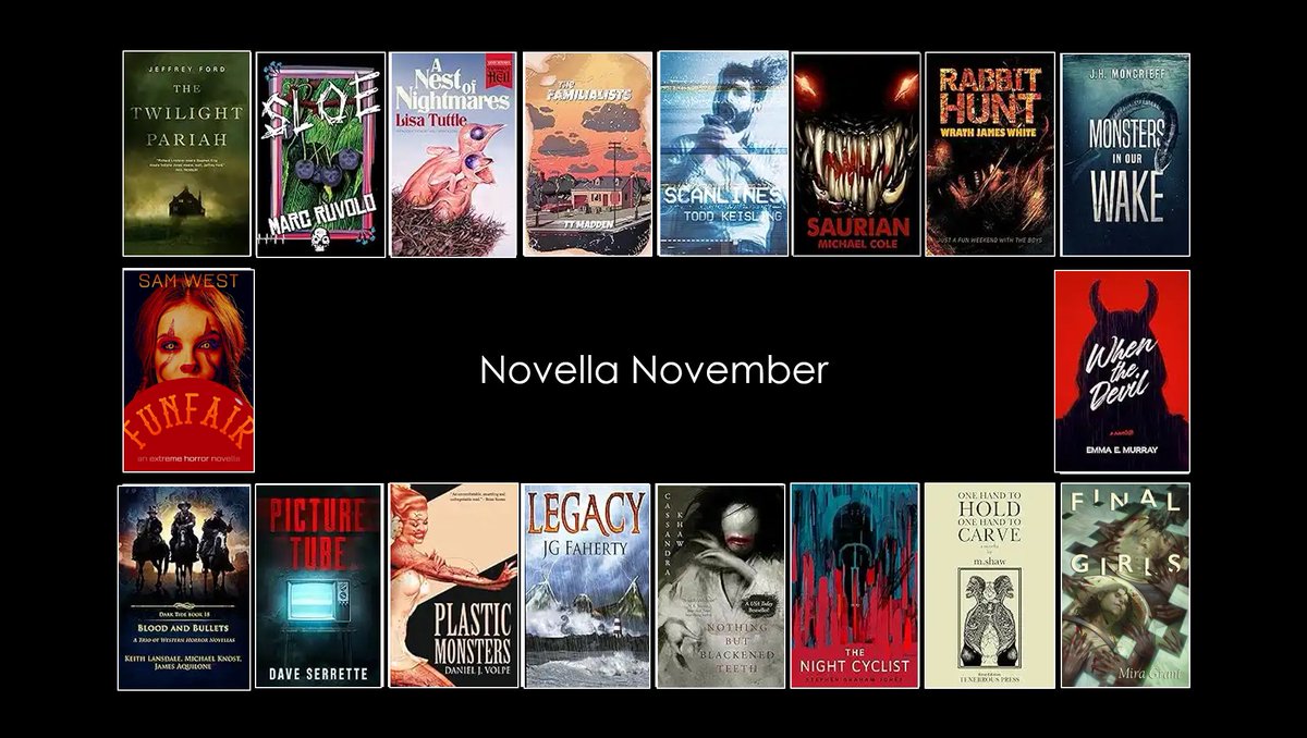 Jack Finn (@therealjackfinn) on Twitter photo It's #NovellaNovember all month...come find yourself your next favorite author:
The Twilight Pariah - Jeffrey Ford
Sloe - Marc Ruvolo
A Nest of Nightmares - Lisa Tuttle
The Familialists - TT Madden <a href="/ttmaddenwrites/">TTMadden - THE FAMILIALISTS out now!</a>
Scanlines - Todd Keisling @todd_keisling
Saurian - Michael Cole It's #NovellaNovember all month...come find yourself your next favorite author:
The Twilight Pariah - Jeffrey Ford
Sloe - Marc Ruvolo
A Nest of Nightmares - Lisa Tuttle
The Familialists - TT Madden <a href="/ttmaddenwrites/">TTMadden - THE FAMILIALISTS out now!</a>
Scanlines - Todd Keisling @todd_keisling
Saurian - Michael Cole