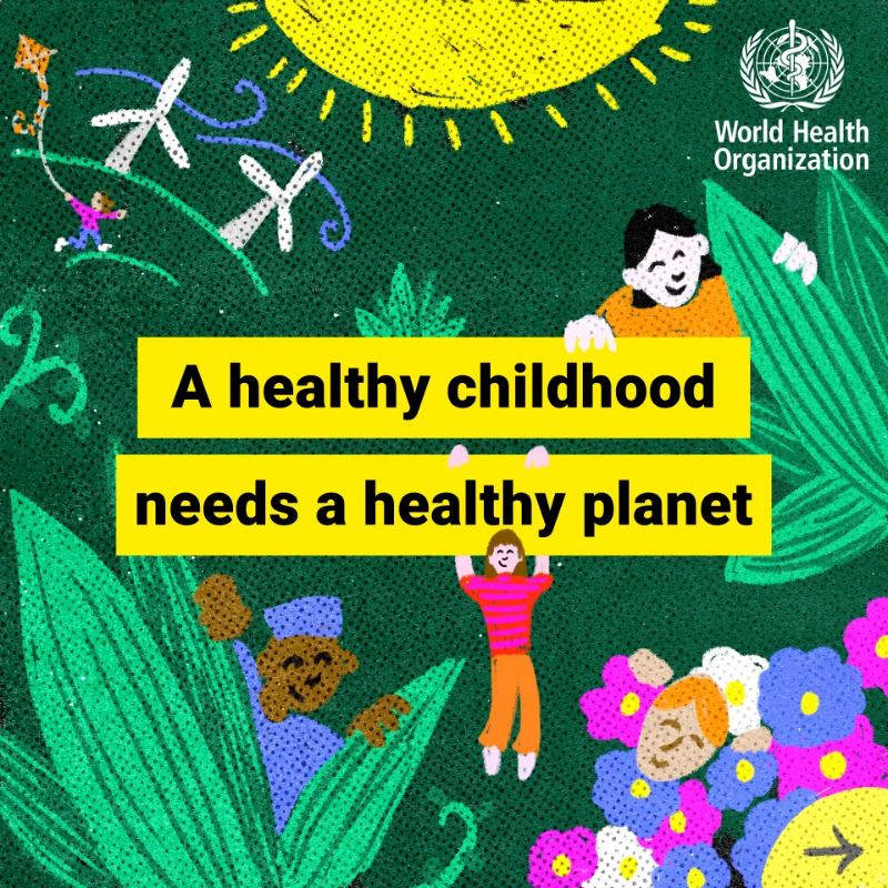 A healthy childhood needs a healthy planet.

Leaders must act now on #ClimateChange to protect children’s futures everywhere:
🛢️ Phase out fossil fuels
😷 Reduce air pollution
🏥 Build climate-resilient   health systems
🌞 Invest in green technologies
🌳 Empower communities to