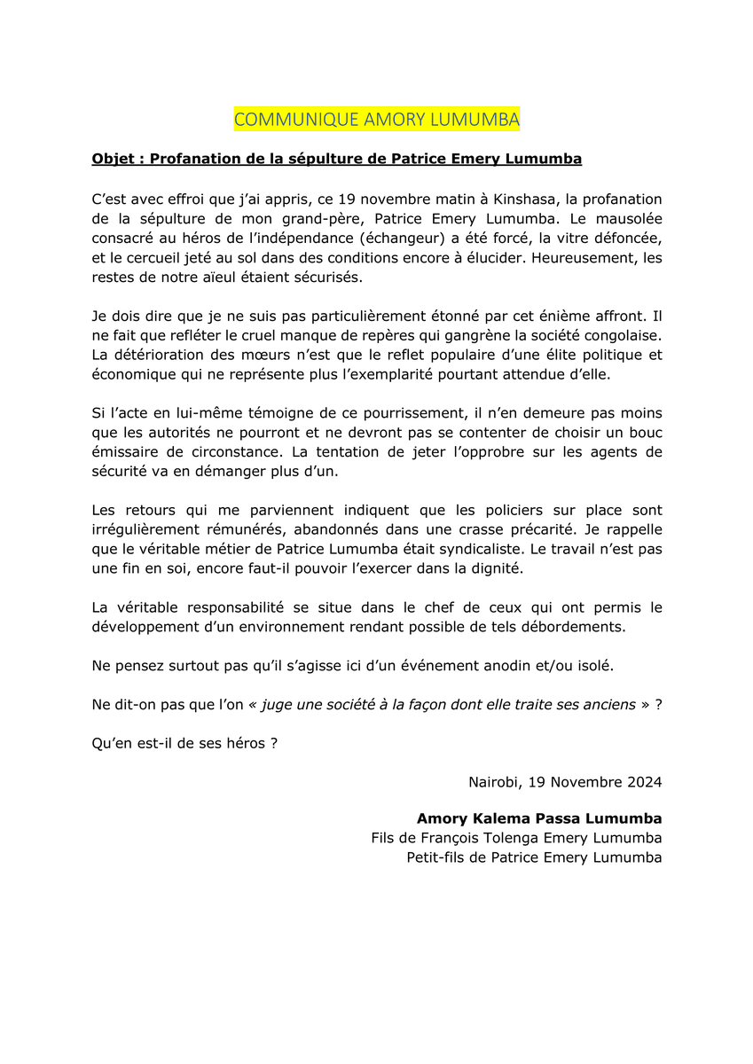 AmoryLumumba's tweet photo. COMMUNIQUE AMORY LUMUMBA
↪️ Profanation de la sépulture de Patrice Emery Lumumba

Ne dit-on pas que l’on « juge une société à la façon dont elle traite ses anciens » ?

Qu’en est-il de ses héros ? ⬇️⬇️⬇️ https://t.co/mmLHoBHMn7