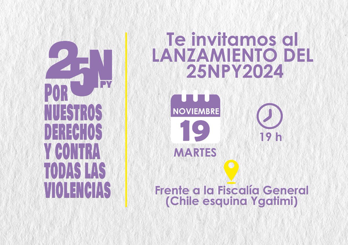 Las mujeres salimos a las calles juntas este 25Npy 2024 #PorNuestrosDerechos y #ContraTodasLasViolencias 💜💪

Convocamos a la prensa y la ciudadanía al Lanzamiento de la Marcha #25NPy2024 este martes 19 de noviembre a las 18:30 horas frente a la Fiscalía General. 

¡Vení pues!