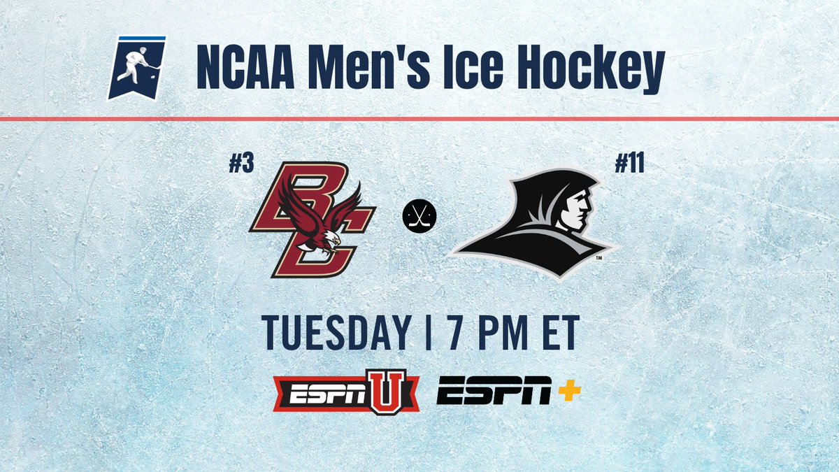 ESPNPR's tweet image. Tuesday, men's #NCAAHockey continues across ESPNU &amp;amp; ESPN+ with a top-15 matchup

🏒 7p ET | No. 3 @BC_MHockey vs No. 11 @FriarsHockey 
🎙️ @roxybernstein, @ColbyCohen36
