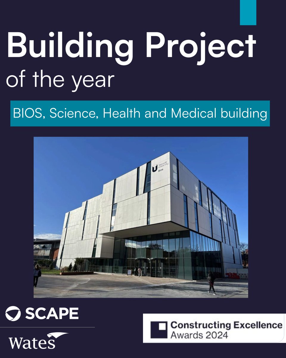 We are thrilled to announce that the BIOS project at <a href="/TeessideUni/">Teesside University</a> has won Building Project of the Year at the Constructing Excellence Awards 2024, delivered by <a href="/WatesGroup/">Wates Group</a> through our SCAPE Venture framework. Thank you to all our partners for their contributions.