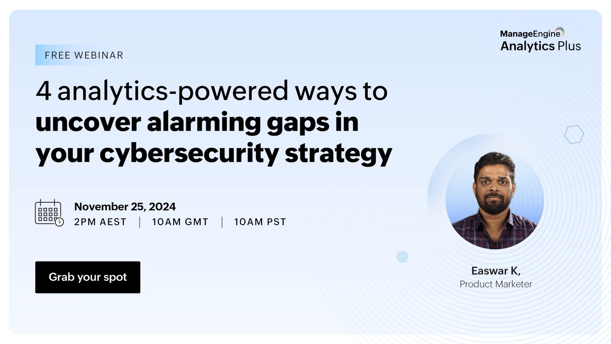 manageengine's tweet image. Is your cybersecurity strategy reaching its full potential? Discover four powerful ways to close critical gaps with AI-driven analytics in our upcoming webinar. 

Register now and start building a resilient cyber defense: zurl.co/IHaU 

#SecurityAnalytics