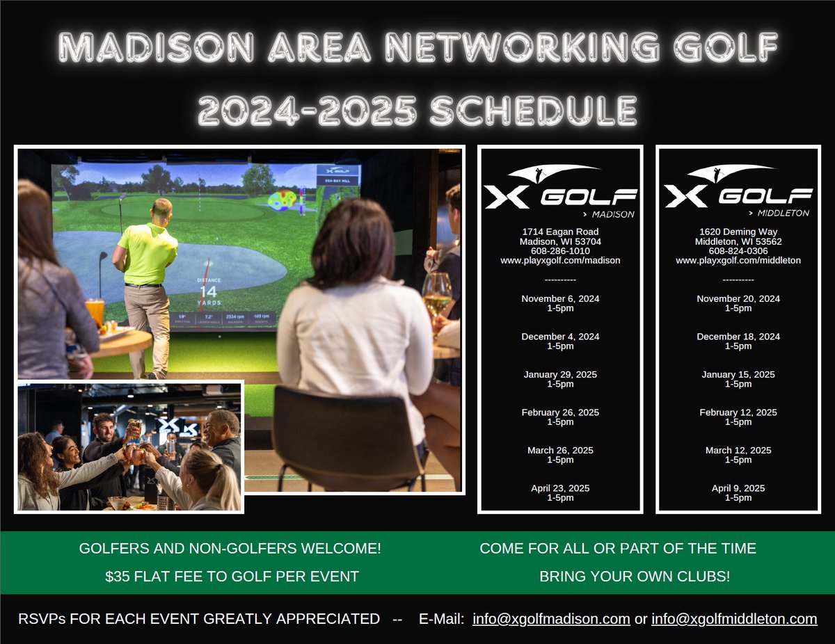 XGolfMadison's tweet photo. 🌟 Madison Area Networking at X-Golf Middleton! 🌟

Looking to connect with local professionals and business owners? Join us for a fun afternoon of golf, food, drinks, and networking at X-Golf Middleton!

🗓 Date: November 20, 2024
⏰ Time: 1:00 PM – 5:00 PM
💵 Fee: $35 flat... https://t.co/2iEoGrrqF5
