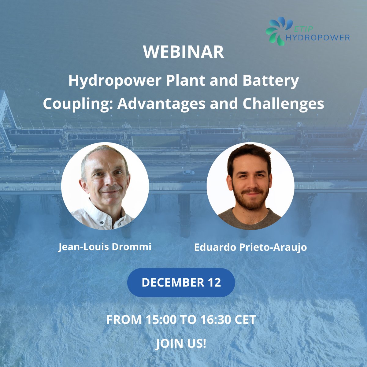 euhydropower's tweet photo. Join us for an expert-led #Webinar on Dec 12, 15:00-16:30 CET, on Hydropower Plant and Battery Coupling: advantages and challenges!

Register now: https://t.co/fkAPxZVi61

#Hydropower #Energy #ETIPHydropower #Renewables https://t.co/uGQDSit4GJ