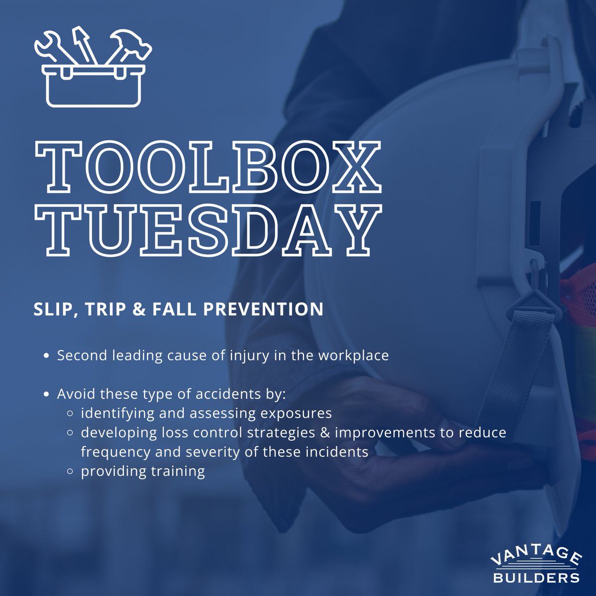 VantageBldrs's tweet image. At Vantage Builders, safety is a top priority. On this #ToolboxTuesday, we’d like to share some information and helpful tips to help avoid slip, trip and fall incidents on site. Avoiding these types of hazards is crucial to maintaining safety at all our jobsites.​

#ToolboxTalk