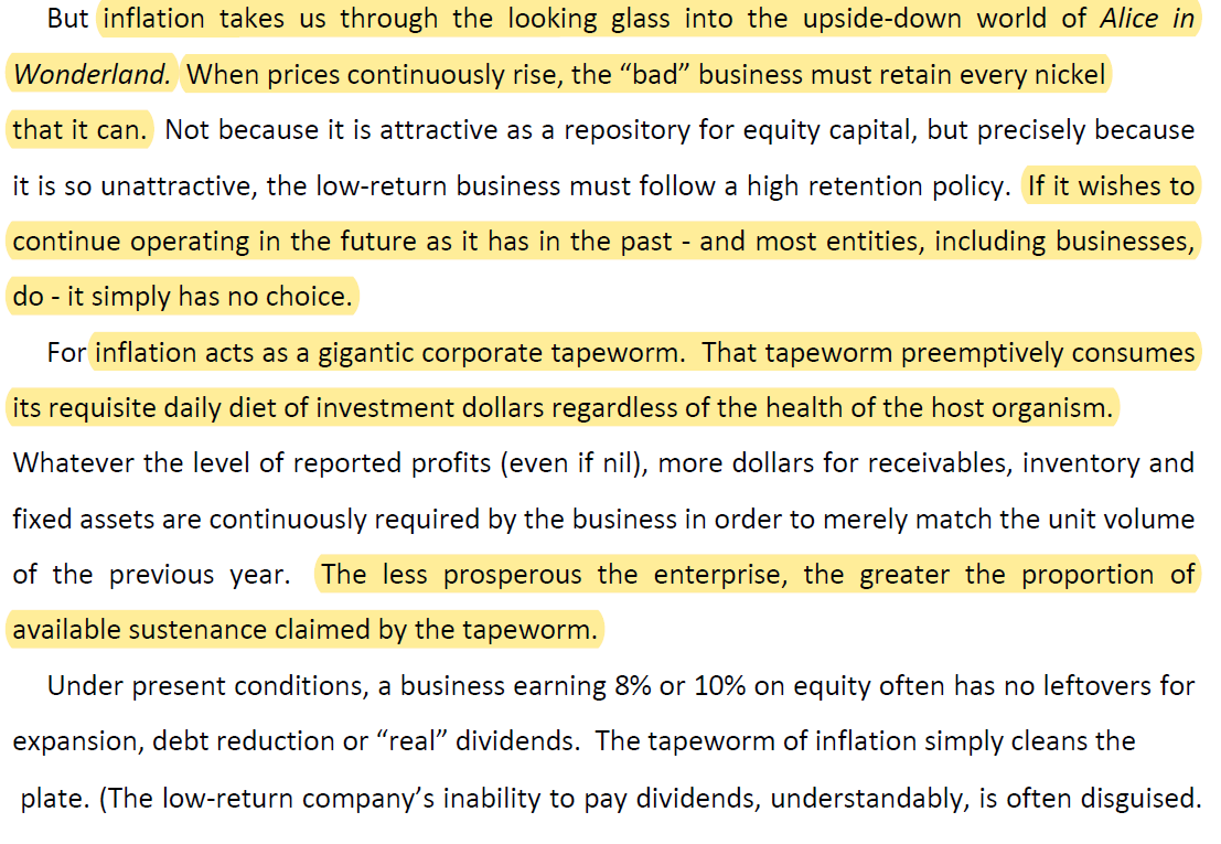 49percentoff's tweet photo. Buffett on inflation: "But inflation takes us through the looking glass into the upside-down world of Alice in
Wonderland. When prices continuously rise, the "bad" business must retain every nickel that it can." https://t.co/sl5iHTQqoG