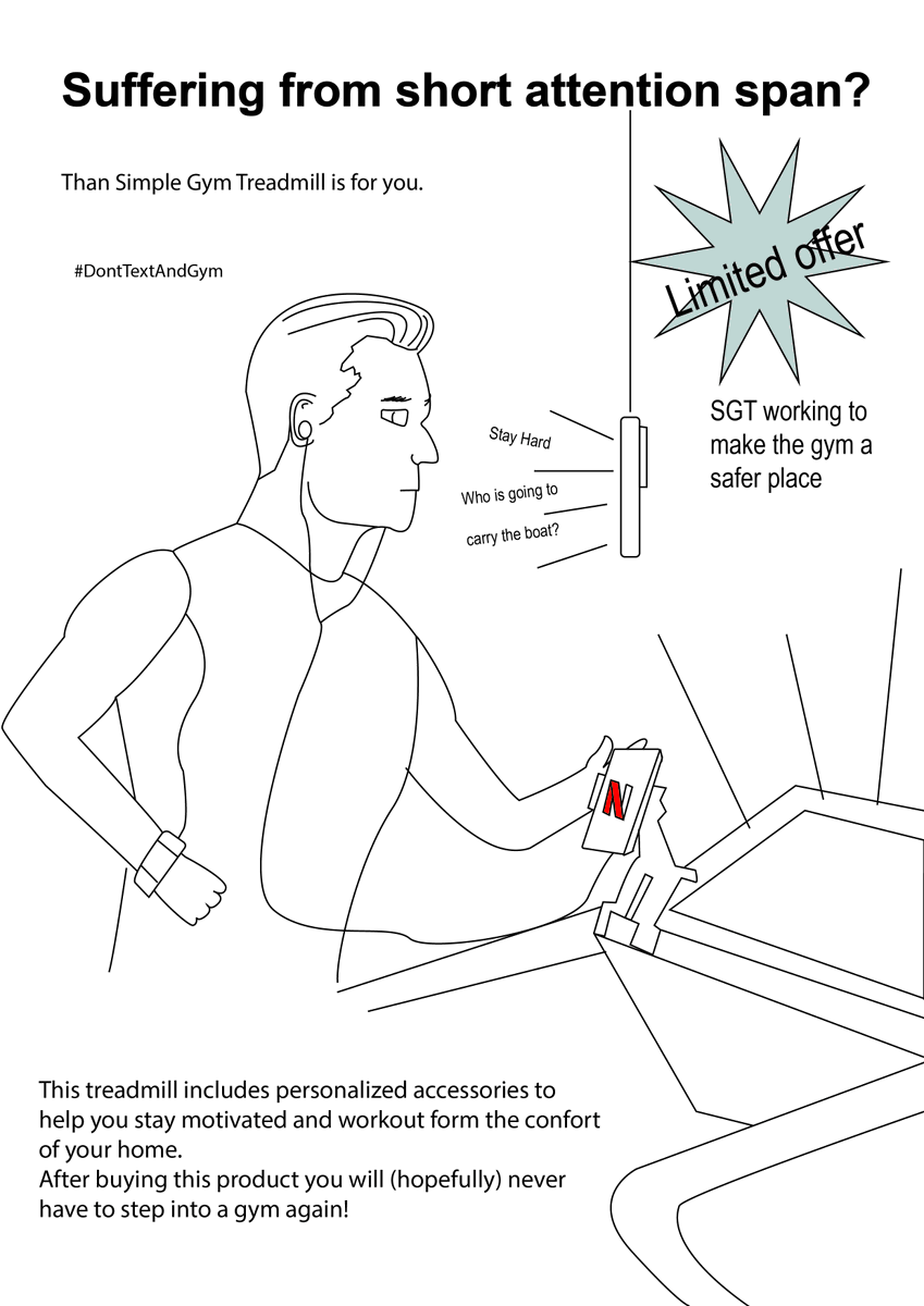 One Minute Brief of the Day: Create campaign posters to stop people using the gym equipment to sit on their phones. #DontTextAndGym 🏋️‍♂️
<a href="/OneMinuteBriefs/">One Minute Briefs ⏱️</a>
Entries from undergrad Product Design students Ellie, Vlada &amp; Lorenzo