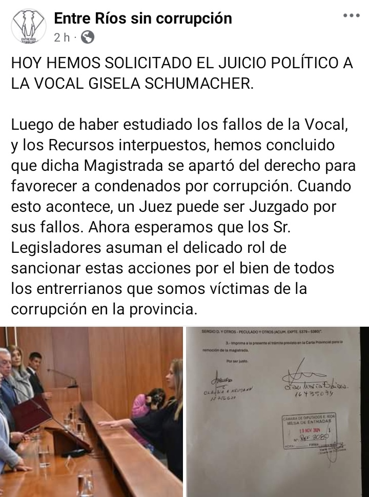 ÚLTIMO MOMENTO!
LA ong Entre Ríos Sin Corrupción pidió el juicio político de la jueza cómplice de Urribarri ,Gisela Schumacher!!