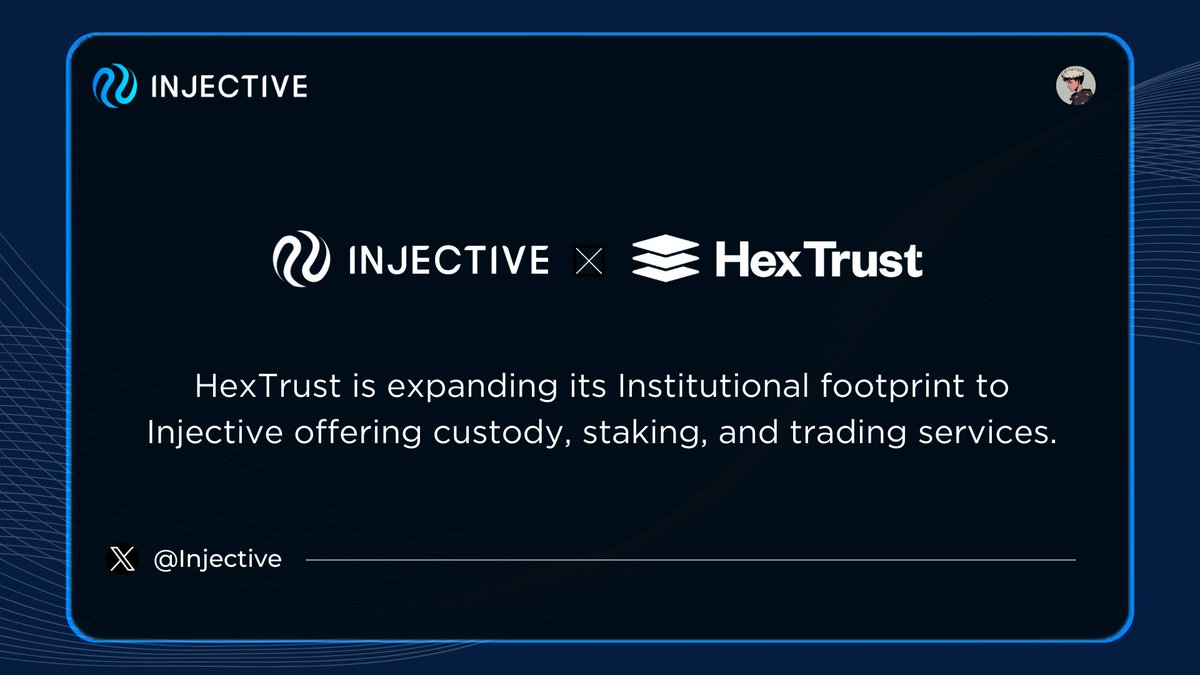 Hex Trust x Injective Collaboration: 🧩

<a href="/Hex_Trust/">Hex Trust</a> has been a validator on Injective, and now they are expanding their institutional footprint on Injective!

Hex Trust will now offer institutional products for Injective across custody, staking, and trading services.