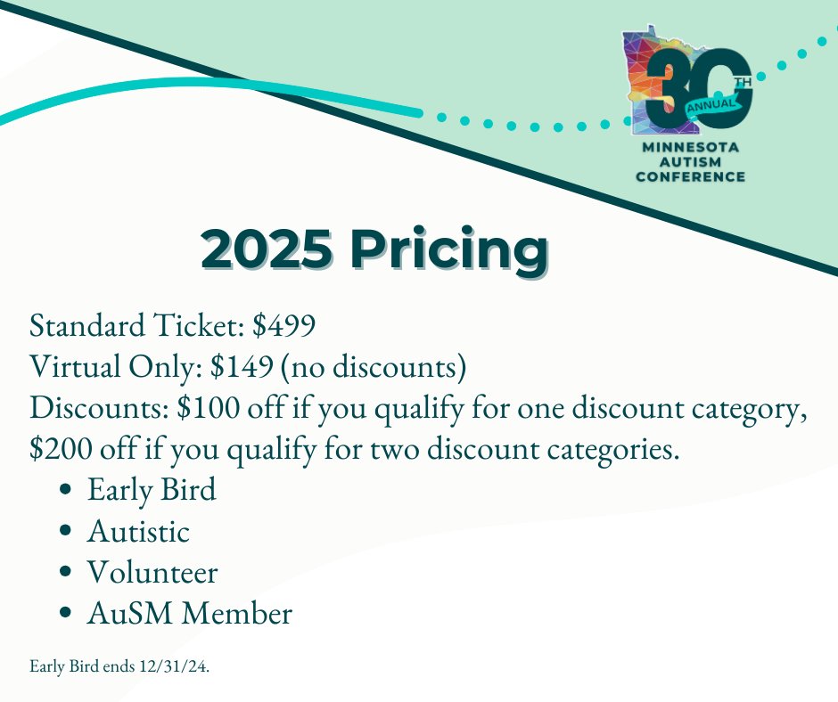 🚨 Register now for the 30th Annual #MinnesotaAutismConference (April 16-18, 2025)!

🎟️ Register before 12/31/24 to get up to $200 off your ticket.

🔗 Sign up today: bit.ly/AuSMConf