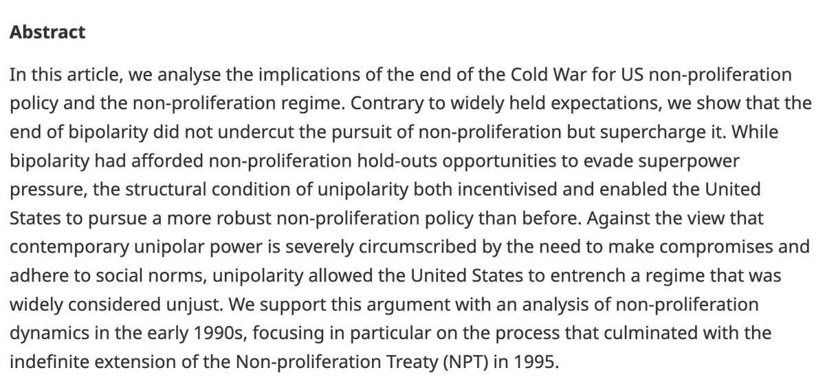 We're proud to publish 'A subtle call to greatness: Unipolarity, US foreign policy, and the indefinite extension of the NPT' from <a href="/kjolvegeland/">Kjølv Egeland</a>, <a href="/JanekRuzicka/">Jan Ruzicka</a> and <a href="/CampbellCraig1/">Campbell Craig</a>.

Fascinating, open access, and available here: cambridge.org/core/journals/…