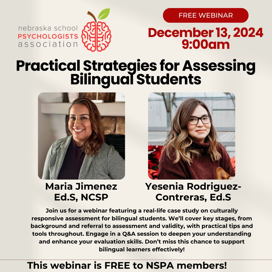 🎓 **NSPA Members!** Don’t miss this exclusive webinar with Maria Jimenez &amp; Yesenia Rodriguez-Contreras.  
📖 Real-life case study on culturally responsive assessment for bilingual students.  
💡 Practical tips, tools &amp; live Q&amp;A!  
📅 RSVP now: nspa.wildapricot.org/event-5929102