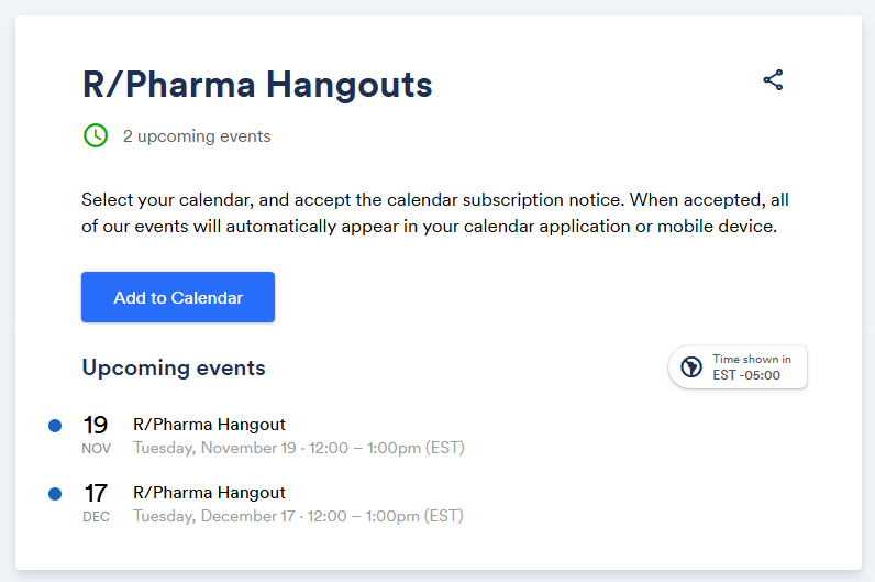 R in Pharma (@rinpharma) on Twitter photo Today Nov 19th 12pm EST - Hosting our Monthly "R/Pharma Hangout"!
Come ask questions about Open Source Drug Development!
Add to calendar
addevent.com/calendar/wC797…
Previous meetings
github.com/rinpharma/R-Ph…
Hosted by <a href="/theRcast/">The R-Podcast (Eric)</a> & Jared Woolfolk!
Not recorded!
#rinpharma #rstats Today Nov 19th 12pm EST - Hosting our Monthly "R/Pharma Hangout"!
Come ask questions about Open Source Drug Development!
Add to calendar
addevent.com/calendar/wC797…
Previous meetings
github.com/rinpharma/R-Ph…
Hosted by <a href="/theRcast/">The R-Podcast (Eric)</a> & Jared Woolfolk!
Not recorded!
#rinpharma #rstats