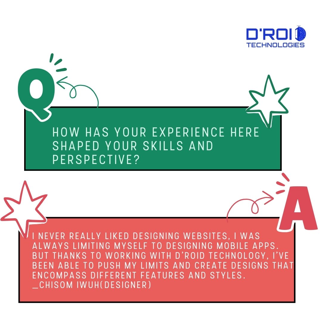 Droidtechn's tweet image. Q: How has your experience here shaped your skills and perspective?
A: I never really liked designing websites, I was always limiting myself to designing mobile apps. But thanks to D&apos;roid technology, I&apos;ve been able to push my limits and create designs.
_Chisom Iwuh(Designer)