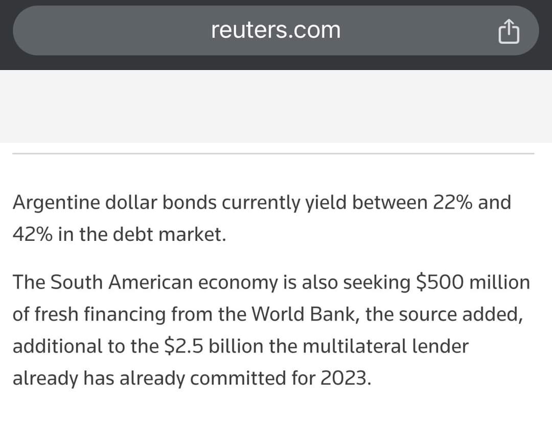 Explaining the bond market fraud in Argentina

Milei's fans are celebrating how his Dollar bonds are up 90% this year. Here's how the international financiers' scam works: 

1) Wall Street rating firms give awful scores for the bonds

2) This makes the yields go through the roof.