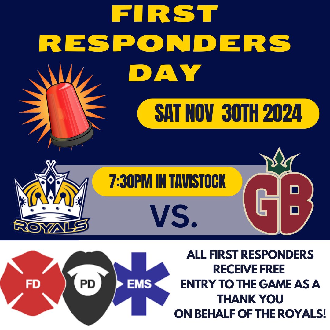 Join us Saturday November 30th as we celebrate our FIRST RESPONDERS!  All first responders in attendance gain free entry to the game.  THANK YOU!