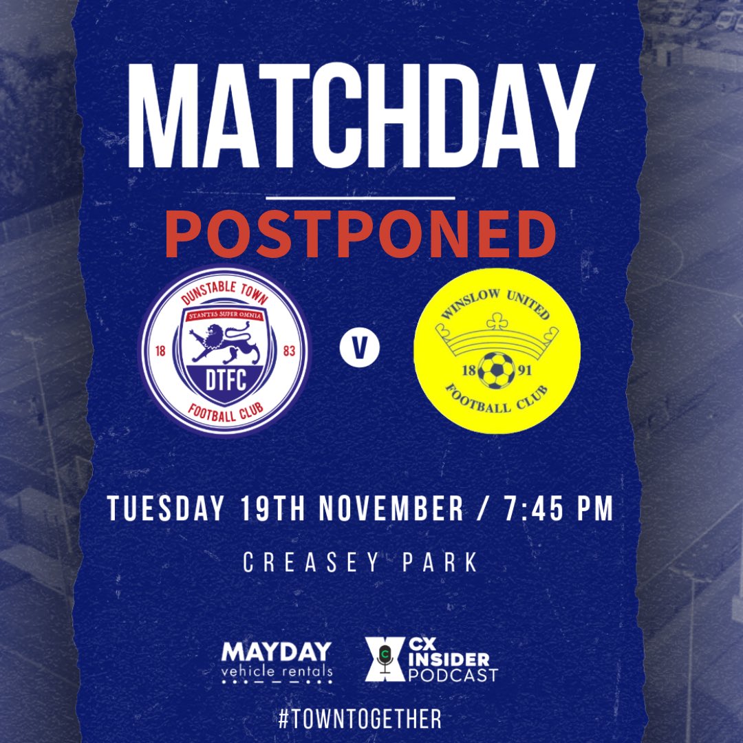 ❌❌ MATCH POSTPONED ❌❌

Tonight’s match with <a href="/WinslowUtdFC/">Winslow Utd FC</a> has been postponed due to a waterlogged pitch. 

A new date will be advised as soon as possible.