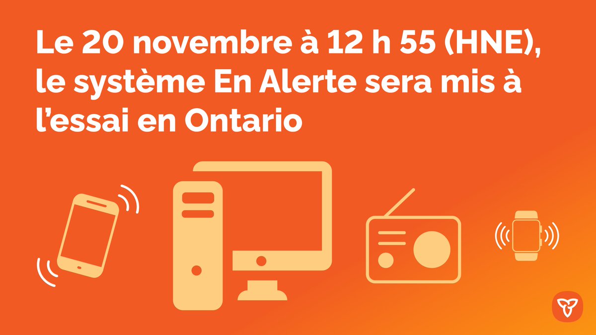 RAPPEL : Le mercredi 20 novembre 2024 aura lieu le test habituel d’<a href="/EnAlerte/">En Alerte</a>, le système d’alerte d’urgence. Le message test sera diffusé à la télévision, à la radio et sur les appareils sans fil compatibles, à 12 h 55 HNE. Pour info, consultez enalerte.ca.