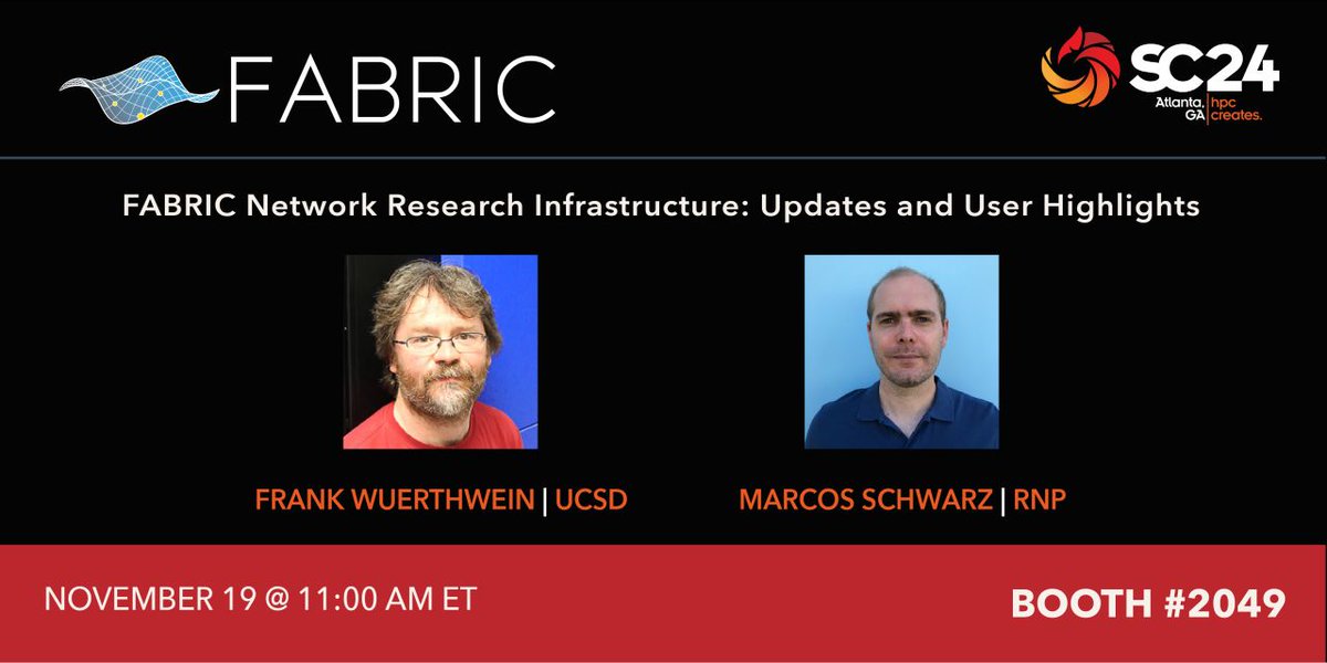 FABRIC Testbed (@fabrictestbed) on Twitter photo FABRIC PI Paul Ruth will present updates and user highlight sat the #SC24 Theater (2049) today at 11 AM ET, alongside #FABRICtestbed users Frank Wuerthwein (<a href="/UCSD/">UC San Diego</a>) and Marcos Schwarz (<a href="/Rede_RNP/">RedeRNP</a>). #INDIS24
Learn more: learn.fabric-testbed.net/knowledge-base…
#cyberinfrastructure #P4 #testbeds FABRIC PI Paul Ruth will present updates and user highlight sat the #SC24 Theater (2049) today at 11 AM ET, alongside #FABRICtestbed users Frank Wuerthwein (<a href="/UCSD/">UC San Diego</a>) and Marcos Schwarz (<a href="/Rede_RNP/">RedeRNP</a>). #INDIS24
Learn more: learn.fabric-testbed.net/knowledge-base…
#cyberinfrastructure #P4 #testbeds