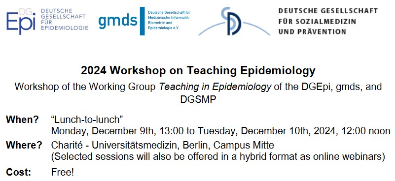 Want to learn/discuss about current, emerging, and future challenges and approaches to teaching #epidemiology? Join the workshop hosted by the epi teaching working group of <a href="/DGEpi_eV/">DG Epidemiologie</a> <a href="/gmdsEV/">GMDS e.V.</a> and @DGSMP_e_V at <a href="/ChariteBerlin/">Charité - Universitätsmedizin Berlin</a> on December 9th &amp; 10th!
👉 Info: bit.ly/TeachingEpiWor…