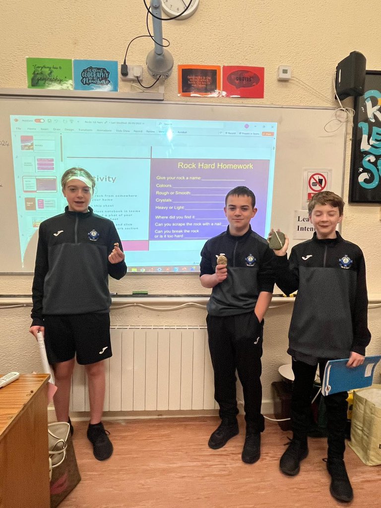 ArklowCBS's tweet image. Ms Kinsella’s 1C geography class 1C presented their “Rock Hard Homework” in class today’ 🗿

Students found and gathered a rock each around their locality and presented their new friend’s name and characteristics to the class!

#geographyrocks